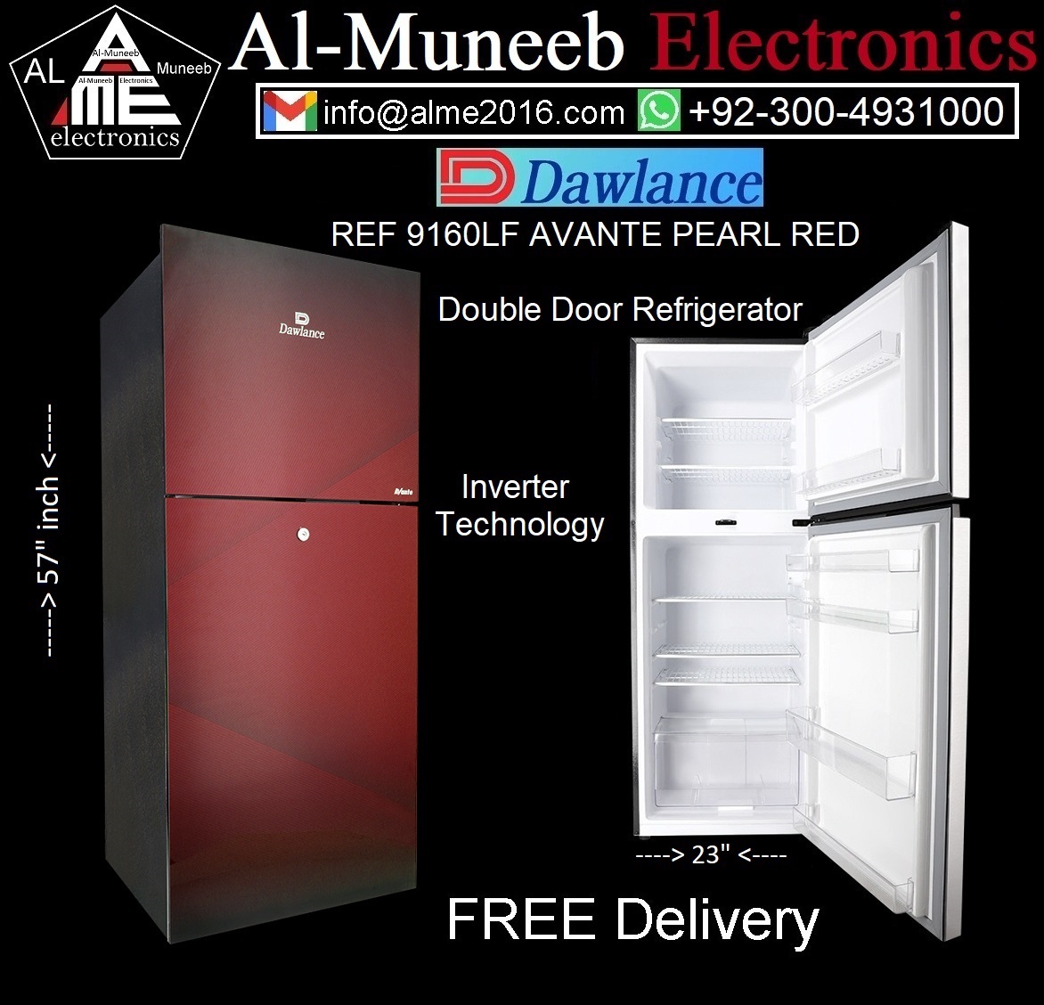 DAWLANCE REF 9160LF AVANTE PEARL RED Double Door Refrigerator Special Offer From Al-Muneeb Electronics, Sialkot,