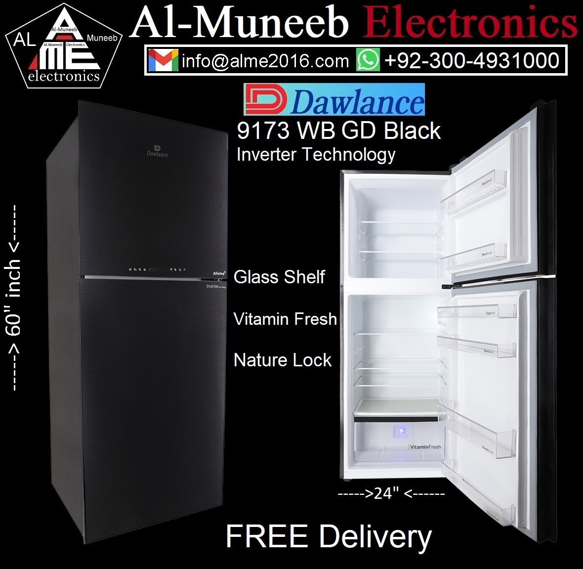DAWLANCE REF 9173 WB GRAZE +GEM BLACK GLASS DOOR Double Door Refrigerator Special Offer From Al-Muneeb Electronics, Sialkot,