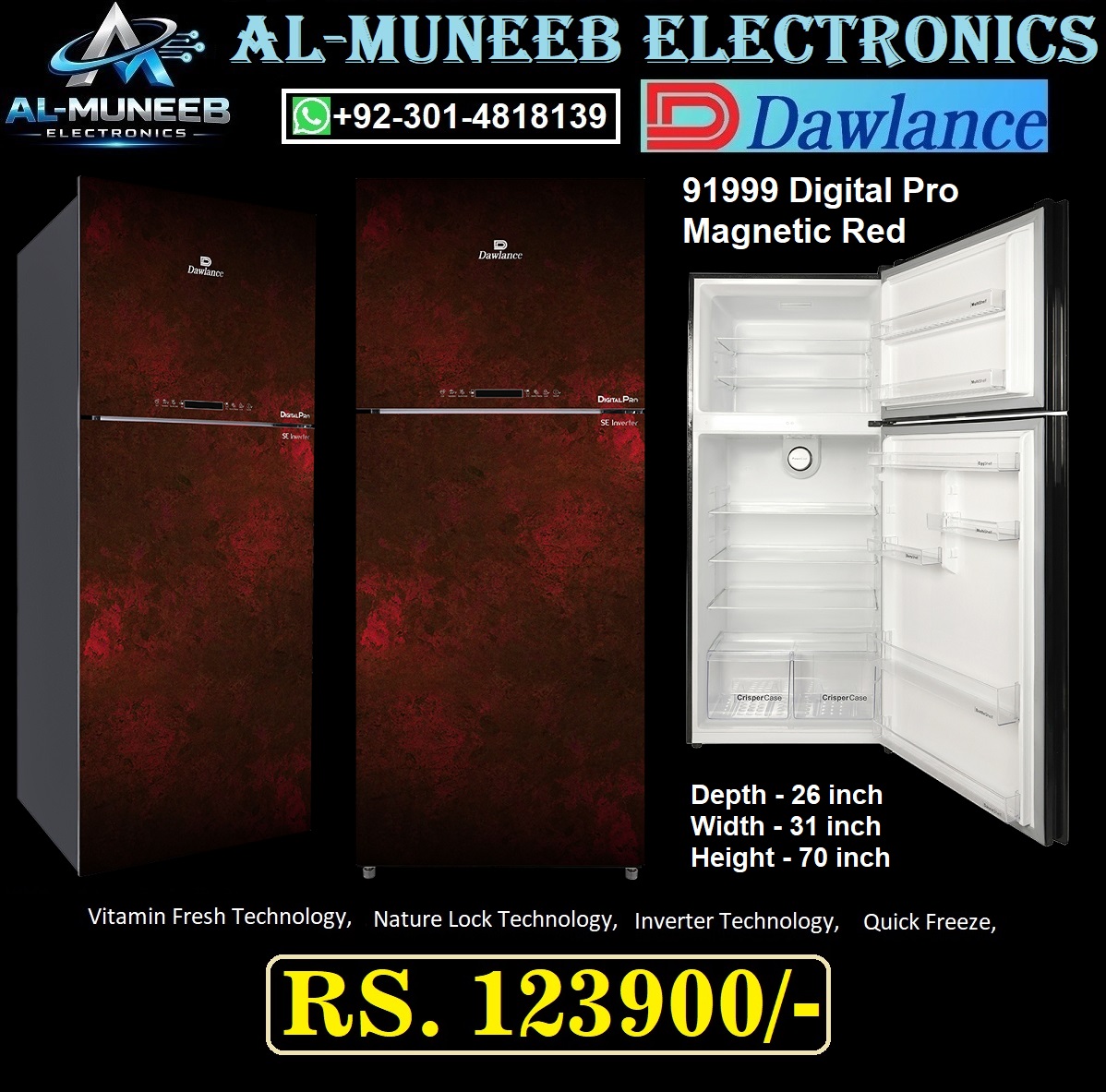 DAWLANCE REF 91999 Digital Pro Magnetic RED Double Door Refrigerator Special Offer From Al Muneeb Electronics, Sialkot